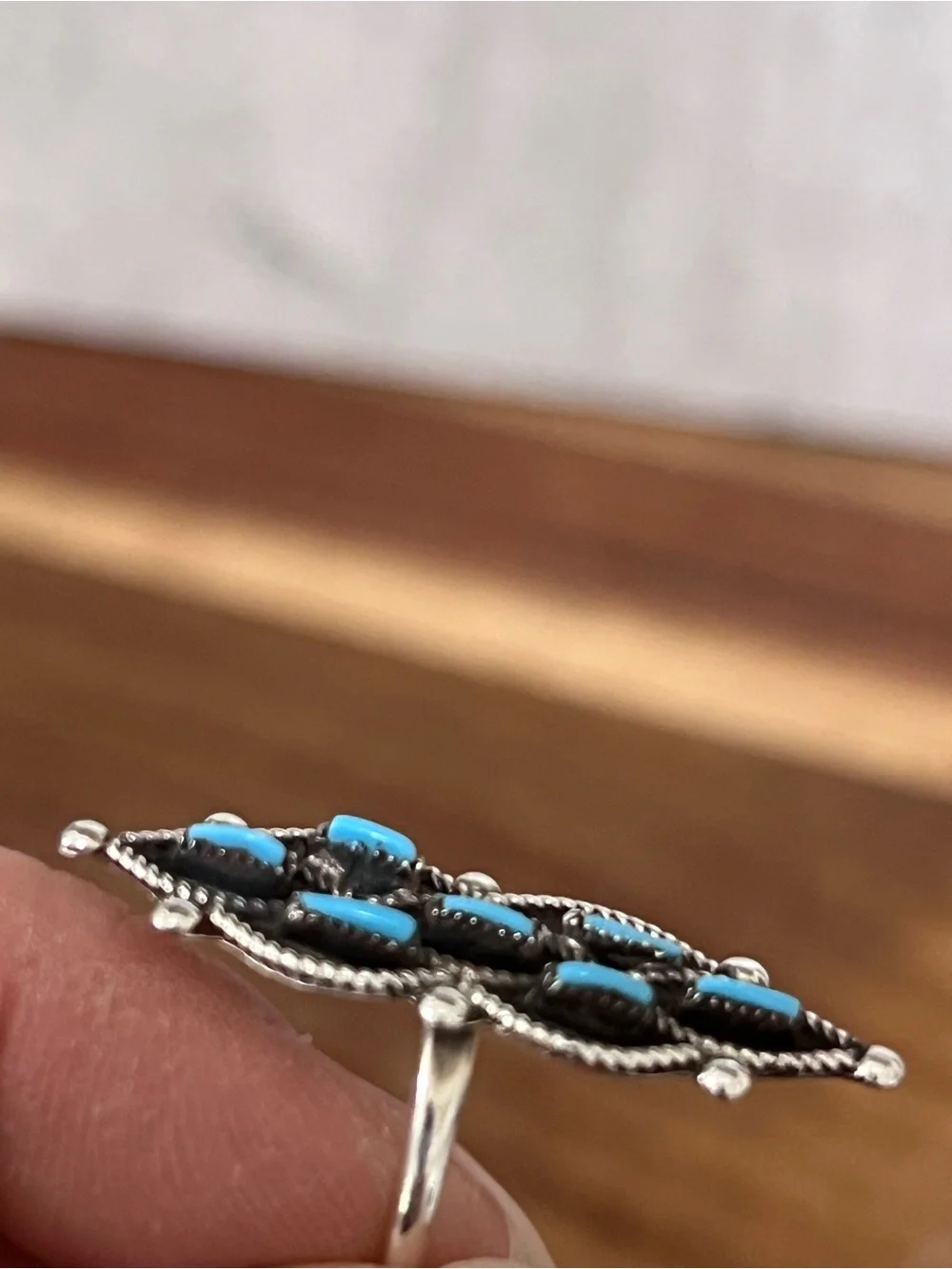 925 Sterling Silver & Kingman Turquoise Native Zuni Needlepoint Ring size 6